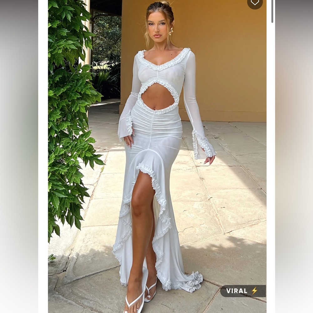 Long Sleeve Mesh Maxi Dress White